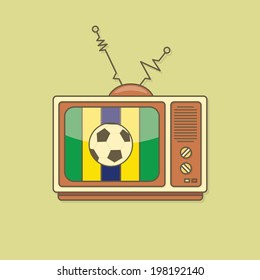 Flat stylized soccer ball on TV. Brazil flag color. Vector illustration.