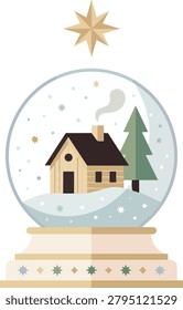 A flat, stylized vector illustration of a Christmas snow globe featuring a wooden cabin with a smoking chimney and a pine tree nestled in snowy terrain, accented by falling snowflakes, topped with a decorative star, and set upon a patterned base, isolated on a white background.