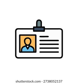 Flat stylized vector image of employee identification card icon. Features profile picture and name information with a White Background.