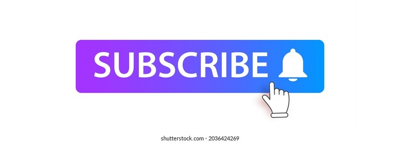 Flat subscribe button with ring bell isolated on white background. Subscribe banner design template with purple flat Subscribe video or channel button and hand.