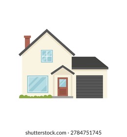 A flat of a suburban house featuring a beige exterior, a dark grey roof, and a chimney. The house includes a front door, two windows, and an attached garage with a dark grey door. A small patch of green grass is visible at the base of the house. The entire structure is isolated on a white background, presented in a clean, simple, and symmetrical style. is real estate, housing, or architectural concepts, showcasing a typical family home.