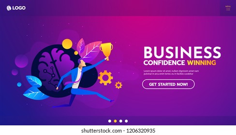 Flat successful Businessman holding winning gold cup in his hand web template and layour vector illustration. Winner, Successful Business concept.