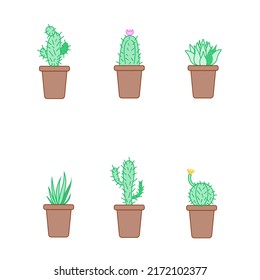 Flat succulent icons, vector illustration, succulents in pots, vector icons of succulents, cacti, indoor plants, line artwork