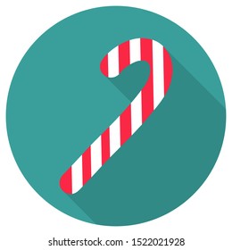Flat sugar candy cane. Holiday icon with Christmas candy. Candy on mint background
