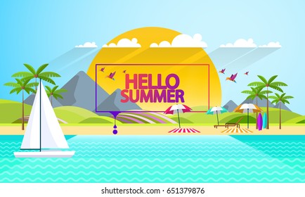 Flat Summer Background design. Vector Beach Landscape.