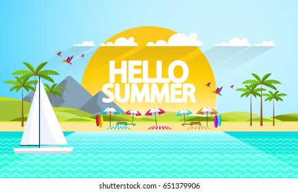 Flat Summer Background design. Vector Beach Landscape.