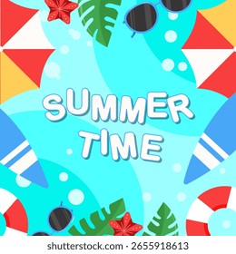 Flacher Sommerhintergrund mit schwimmendem Sommerzeit-Text