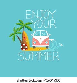 Flat Summer Background Retro Van On Stock Vector (Royalty Free) 416045302