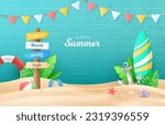 Flat summer background template. Composition of beach wood sign, surfboard, anchor, sandals, starfish, coral, tropical leaves on beach sand with turquoise wood background. Summer holiday concept.