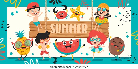 Flat Summer Banner With Cartoon Character