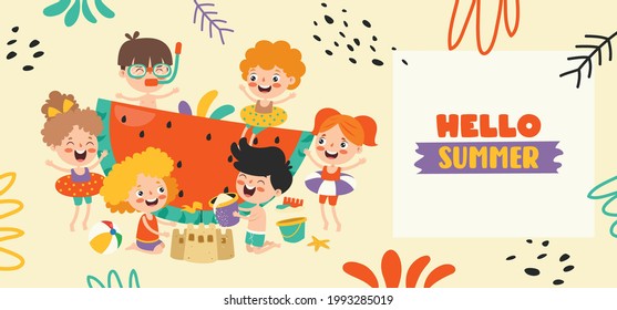 Flat Summer Banner With Cartoon Character