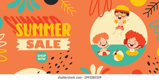 Flat Summer Banner With Cartoon Character