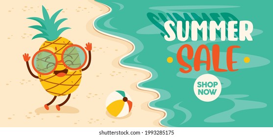 Flat Summer Banner With Cartoon Character