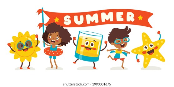 Flat Summer Banner With Cartoon Character