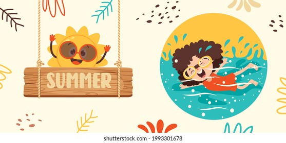 Flat Summer Banner With Cartoon Character