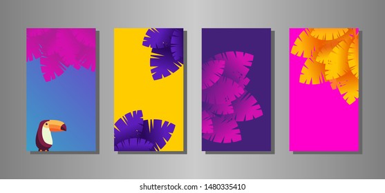 Flat summer banner modern design tropical leaves and bird background. Promo badge for your seasonal design.