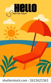 Flat Summer Beach Banner with Sun Lounger and Umbrella – Seasonal Retro Style Vacation Poster Template