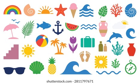 Flat summer beach icon set. Rainbow, shell, sun, starfish, ice cream, wave, leaf, coral, anchor, watermelon, vase, dolphin, sunglasses, pineapple and footprints symbols.