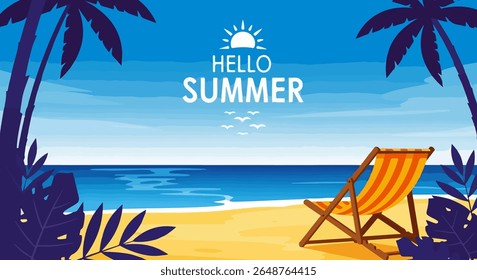 Flat Summer Beach Illustration with Stylized Hello Summer Text, Sun Icon, Birds, Ocean, Sand, and Vibrant Beach Chair Framed by Tropical Leaves and Palm Trees