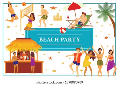 Flat summer beach party concept with man sunbathing and people playing volleyball dancing drinking cocktails vector illustration