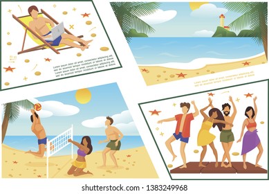 Flat summer beach vacation composition with dancing people sea landscape freelancer sunbathing and working on laptop men and woman playing volleyball vector illustration