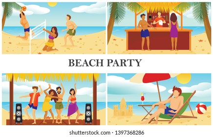 Flat summer beach vacation composition with people playing volleyball dancing drinking cocktails and man sunbathing on chaise lounge vector illustration