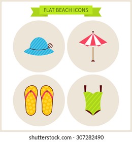 Flat Summer Beach Website Icons Set. Vector Illustration. Flat Circle Icons for web.  Holidays and Resort. Summer Vacation. Collection of Tropical Resort Colorful Circle Icons. Sea Marine Concept