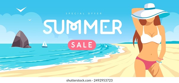 Flat summer big sale poster with beautiful girl in swimsuit on tropic beach  background. Vector illustration