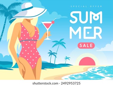 Flat summer big sale poster with beautiful girl in swimsuit on tropic beach  background. Vector illustration