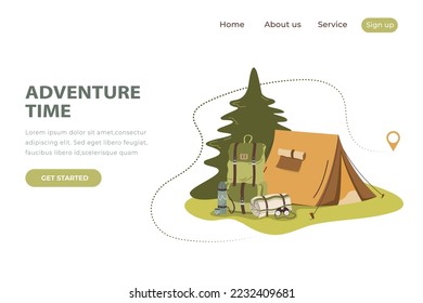 Flat summer camping landing page template. Vector illustration of a tent and tourist equipment in the forest. 