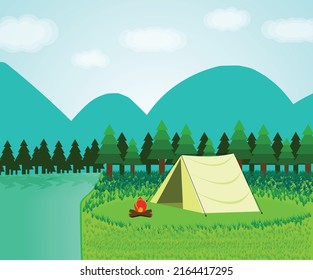 Flat summer camping template with tents and campfire on forest landscape illustration