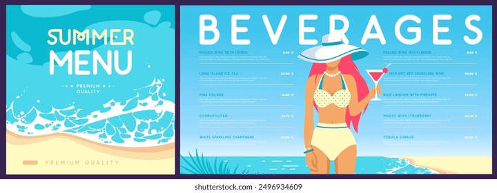 Flat summer cocktail menu design with beautiful girl in swimsuit on tropic beach  background. Vector illustration