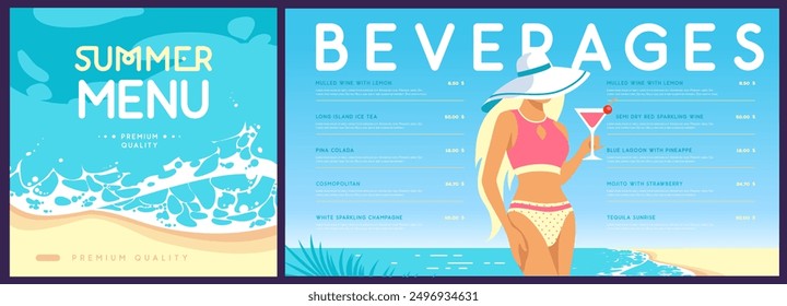 Flat summer cocktail menu design with beautiful girl in swimsuit on tropic beach  background. Vector illustration