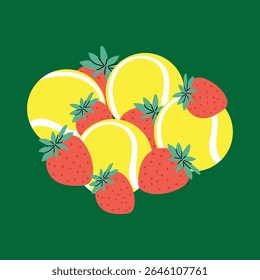 Composición plana de verano con fresas y pelotas de tenis sobre fondo de hierba verde. Ilustración estacional para eventos de tenis, redes sociales o materiales promocionales. 