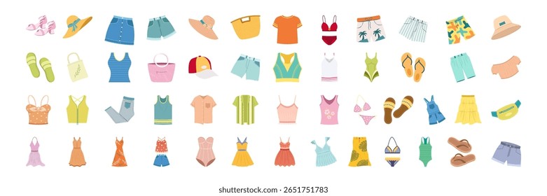 Flat summer fashion clothes, shoes, swimwear and accessories collection Set