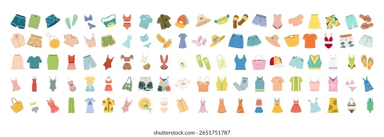 Flat summer fashion clothes, shoes, swimwear and accessories collection Set