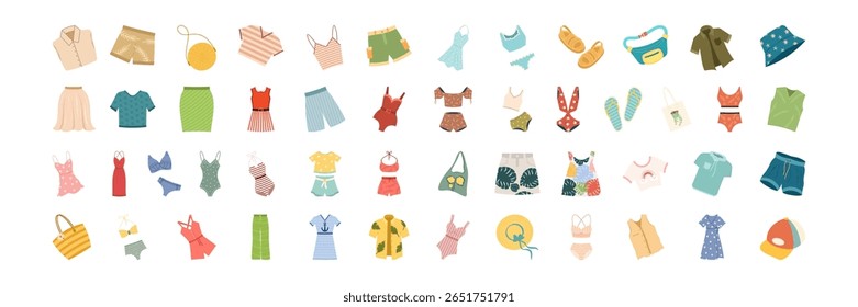 Flat summer fashion clothes, shoes, swimwear and accessories collection Set