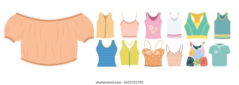 Flat summer fashion clothes, shoes, swimwear and accessories collection Set