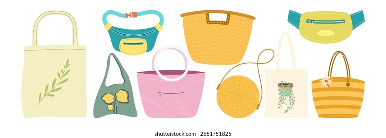 Flat summer fashion clothes, shoes, swimwear and accessories collection Set