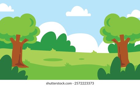 Flat Summer Fields Landscape with Bright Color Blue Sky