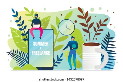 Flat Summer and Freelance Vector Illustration. Selection Locations for Marine Recreation. Man Finish Project and are Going on Vacation. Guy Freelancer is Sitting on Big Electronic Device.