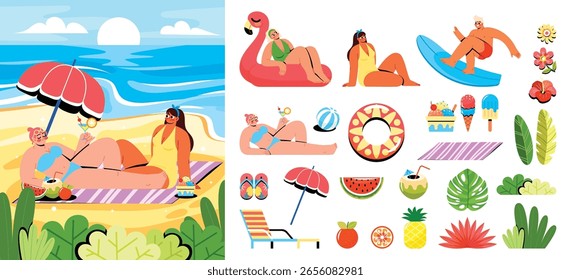 Iconos planos dibujados a mano de verano con ilustración