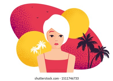 Flat Summer Holiday and Summer Camp poster with young girl