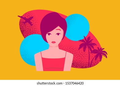 Flat Summer Holiday and Summer Camp poster with young girl