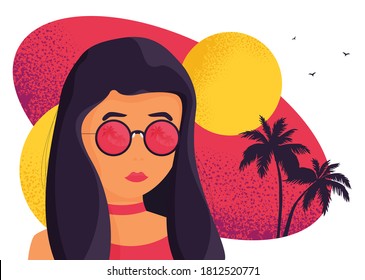 Flat Summer Holiday und Summer Camp Poster mit jungem Mädchen