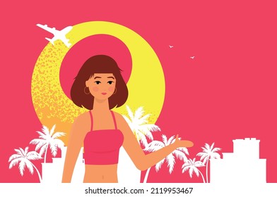 Afiche de vacaciones de verano planas y campamento de verano con una joven