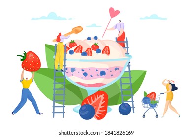 Flat Summer Ice Cream Sweet Dessert Design, Cartoon Girl Man Character Banner Vector Illustration. Person At Fresh Ice Cream Concept. People Have Delicious Food Party, Happy Holiday Background.