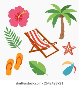Flat Summer Icon Set Featuring Beach Umbrella, Ice Cream, Tropical Fruits, Surfboards, Palm Trees, Flowers, and Seashells. Perfect for Vacation, Travel Poster, and Holiday Design Projects