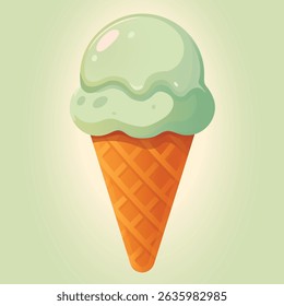 Flat summer illustration of pistachio ice cream in a waffle cone on a light green background. Bright cartoon-style treat symbolizing summer freshness and coolness. Vector image. EPS 10
