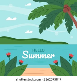 Flat Summer Instagram Post. Beach Landscape With Plants, Leaves, Palm And Sky. Background For Banner, Summer Holiday Postcard. Vector Background With Space For Text. Flat Trendy Illustration